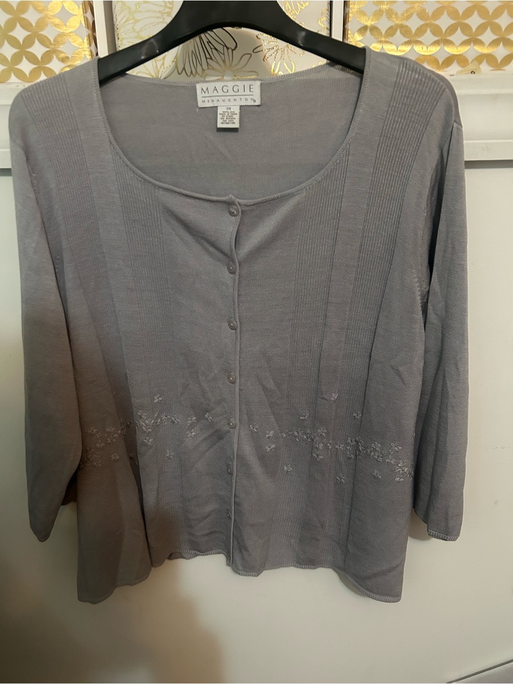 Maggie McNaughton Gray Silk  Cardigan Floral Embroidery